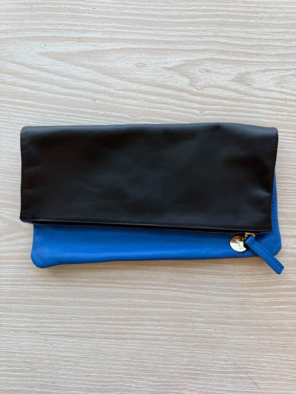 Clare V Foldover Clutch Black Cobalt Blue Leather Two Tone
